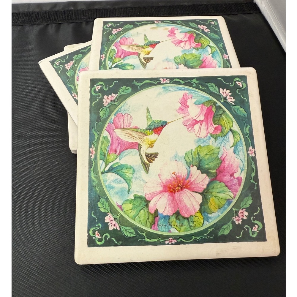 Set of 4 Hummingbird hibiscus Square Ceramic Coasters‎ Drinkware Table Decor
